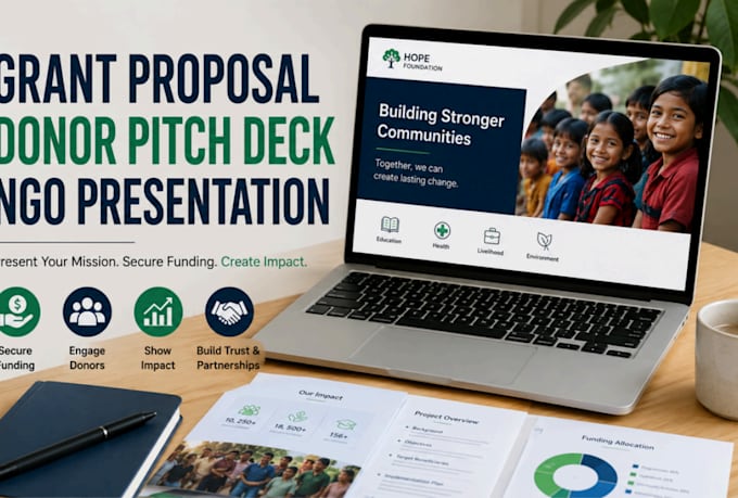 design grant proposal, ngo presentation, donor pitch deck powerpoint